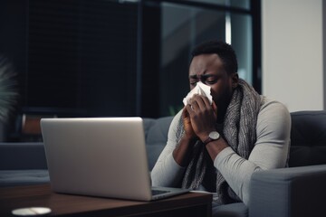 Sick african american man sneezes into a paper napkin on couch in apartment. Covid pandemic in 2024 2025 pirola strain and omicron disease concept