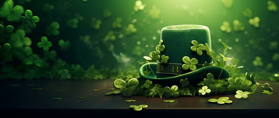 Background for St. Patrick's Day with a green hat and clover leaves. Illustration for the Irish national holiday.