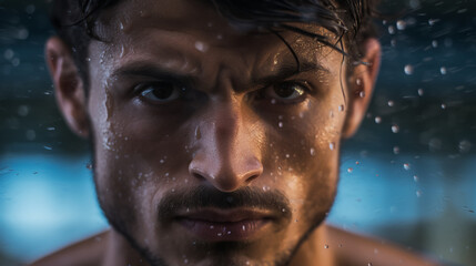 an Argentine athlete prepares to dive into the pool, his sculpted muscles and focused gaze showcasing his dedication to swimming. 