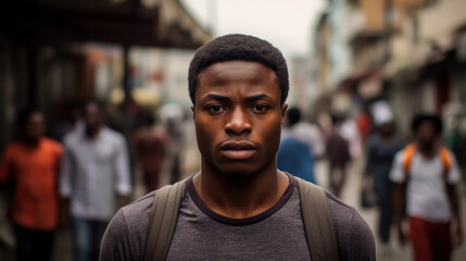a charismatic Nigerian student leads a workshop on a bustling city street, inspiring fellow students to explore their entrepreneurial potentials. 