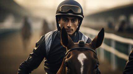 an Argentine jockey guides his racehorse down the track, his focused expression highlighting the symbiotic relationship between rider and steed in the thrilling world of horse racing - obrazy, fototapety, plakaty