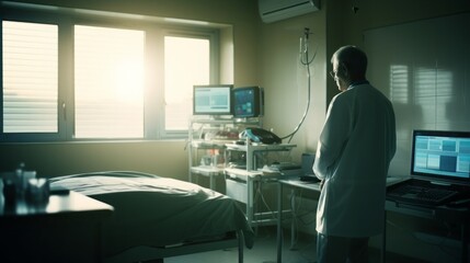The doctor lost his patient. A male doctor is standing in front of an empty bed in a hospital room. - obrazy, fototapety, plakaty