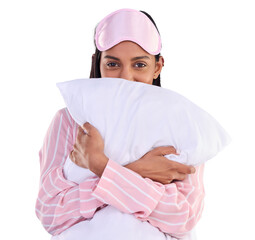 Hug, pillow and portrait of woman with pajamas, sleep mask and fashion on isolated, transparent or...