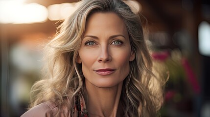 Fototapeta premium Beautiful middle-aged woman in her 50s looking at the camera Beautiful face, good health, cosmetics, skin care