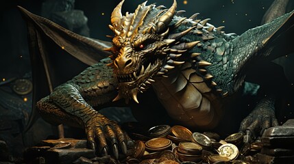 angry green dragon guard on pile of gold coins and treasure in cave. Greeting card for new year 2024. Generative AI illustration