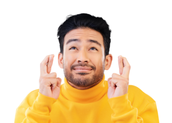 Hope, luck and fingers crossed with a man isolated on a transparent background for a dream or prayer. Emoji, help and opportunity with a young person on PNG to wish for a spiritual miracle of faith