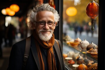 Fototapeta premium Portrait of a mature man with gray hair and beard, wearing a modest smile