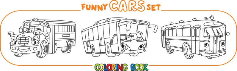 Buses. Funny small retro cars coloring book set