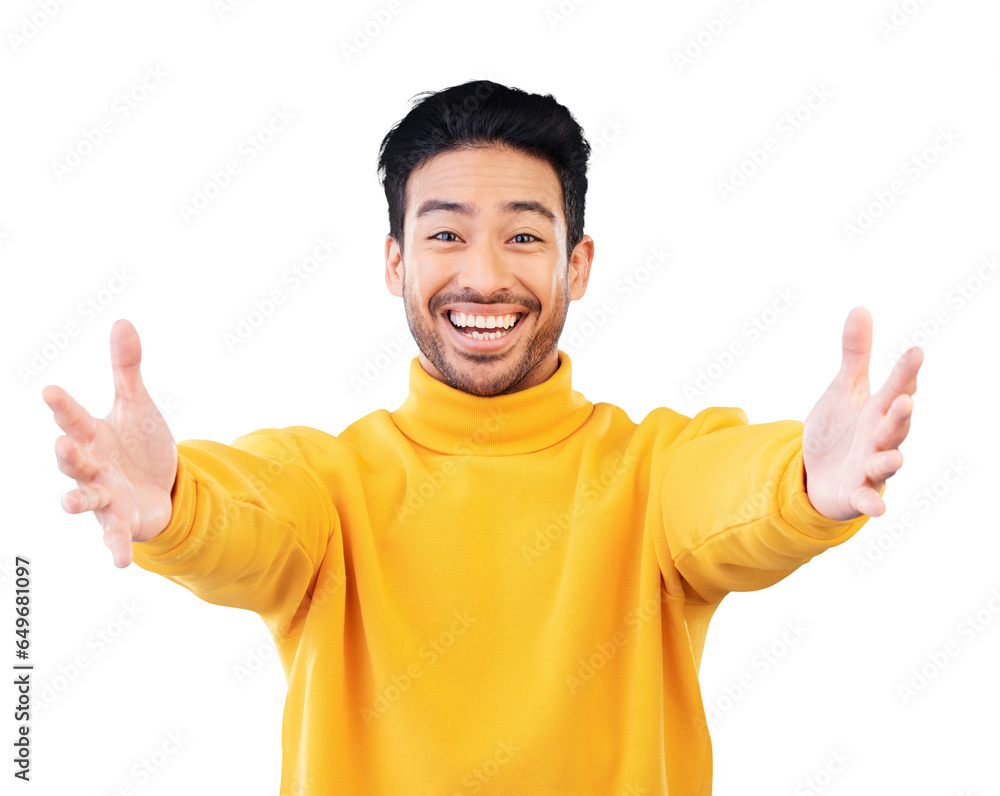 Poster portrait, welcome and man with arms outstretched and smile in studio on a transparent png background