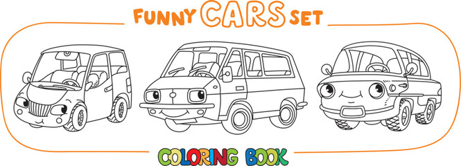 Funny small cars with eyes. Coloring book set.