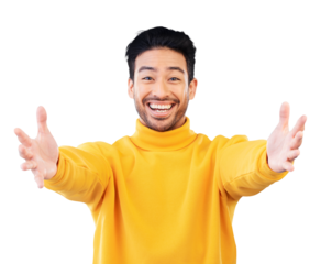 Portrait, welcome and man with arms outstretched and smile in studio on a transparent png background for a hug. Face, trust and hello with a happy young person reaching indoor to offer a greeting