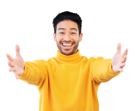 Portrait, welcome and man with arms outstretched and smile in studio on a transparent png background for a hug. Face, trust and hello with a happy young person reaching indoor to offer a greeting