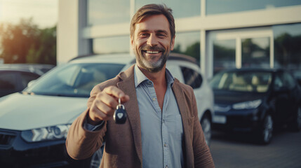 Happy man buying new car - Delightful man showing auto keys to the camera - Automobile industry and rental car concept - Generative Ai