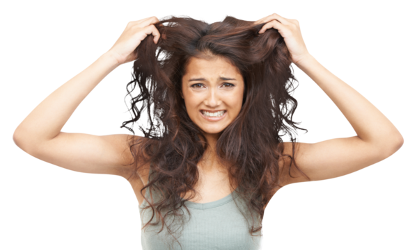 Hair care, crazy and portrait of young woman with frizzy, ugly and curly hairstyle for salon treatment. Upset, frustration and female model with messy hair isolated by a transparent png background.