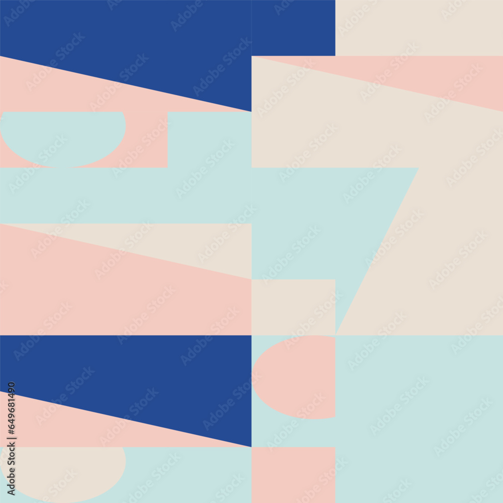 Poster Abstract geometric vector seamless pattern. Modern background with simple shapes. Circles, squares, rectangles, triangles in pastel blue, pink, white colors