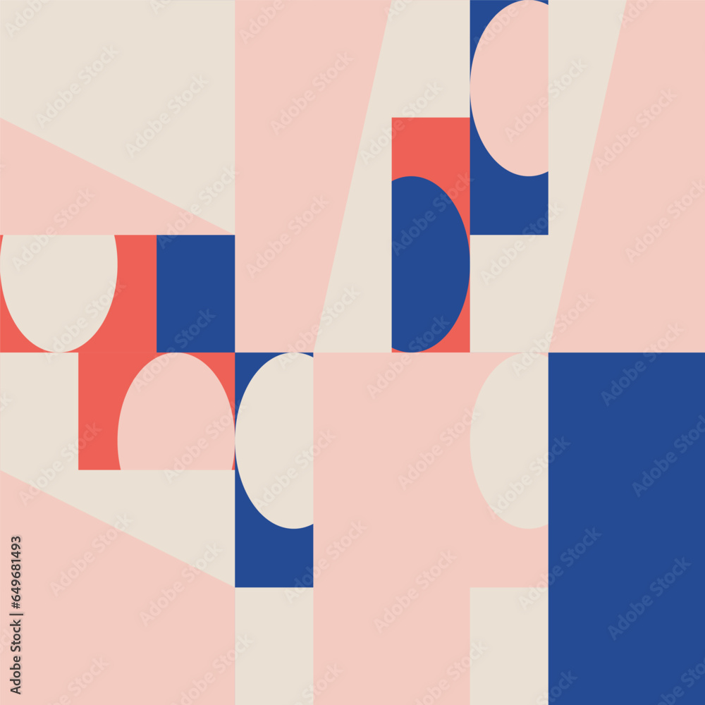 Poster Abstract geometric vector seamless pattern. Modern background with simple shapes. Circles, squares, rectangles, triangles in pastel blue, red, pink, white colors