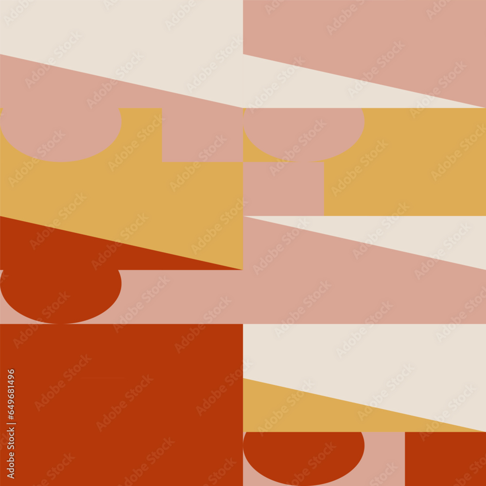 Poster Abstract geometric vector seamless pattern. Modern background with simple shapes. Circles, squares, rectangles, triangles in pastel yellow, terracotta, pink and white colors