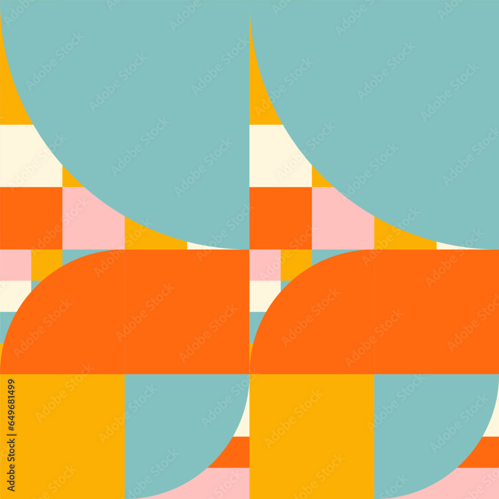 Poster Simple geometric seamless pattern. Modern abstract background with circle, semi circle, square, rectangle stripe shapes in pastel colors.