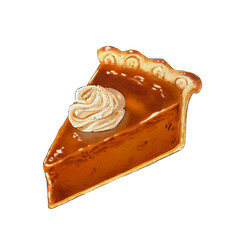 pumpkin pie slice with whipped cream on a white background food illustration for thanksgiving events. Illustration for menu, recipe, invitation cards, greeting cards, poster, design element, etc