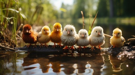 A group of chickens sitting on a log in the water