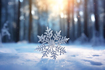Close up snowflake with natural lighting of snow covered ground in background of burred winter fir tree forest landscape. Winter and snow event concept.