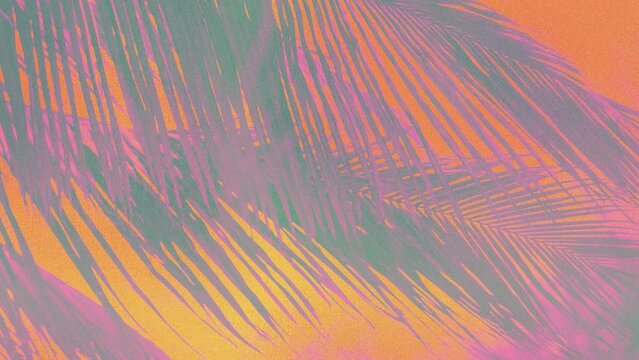 Stop motion palm leaves in tritone color scheme; pink, green and orange colors. Seamless loop animation.