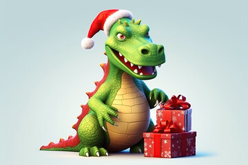 Naklejka premium Christmas greeting card with a green dragon in red Santa Claus hat with gifts in boxes in winter. Symbol of Chinese new year 2024 on a white isolated background. Generative AI illustration