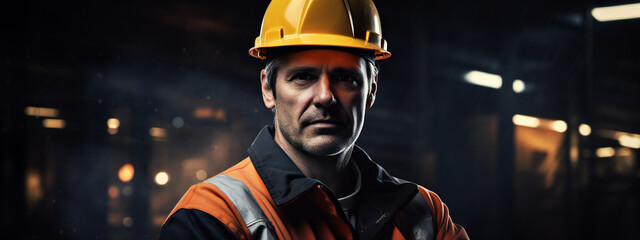 Industry worker with safety jacket and helmet working place background - Generative Ai - Fictional Face - obrazy, fototapety, plakaty