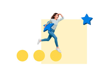 Creative banner composite collage picture of funny runner woman bringing blue star element achievement goal isolated on white background