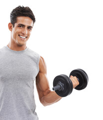 Isolated man, dumbbell and portrait for workout, training or wellness for muscle by transparent png...