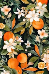 Orange fruit, flowers and leaves background, Watercolor pattern