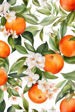 Orange fruit, flowers and leaves background, Watercolor pattern