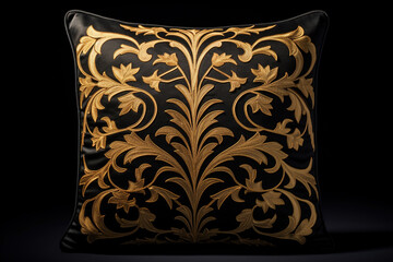 A luxurious, velvety pillow with intricate gold embroidery, resting on a modern glass surface, exuding elegance and sophistication. Isolated on a Black Background