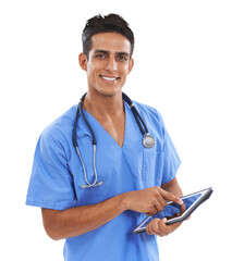 Happy man, portrait and doctor with tablet for research or results isolated on a transparent PNG...
