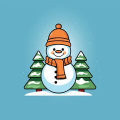 Cute snowman with hat and scarf among firs postcard