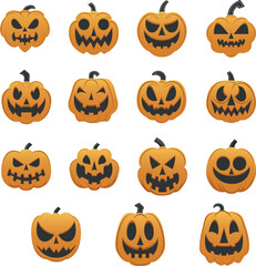 Set of orange halloween pumpkin faces. Different shapes.