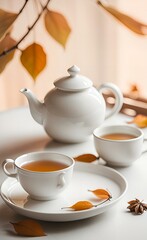 there are two cups of tea on a plate with a teapot.