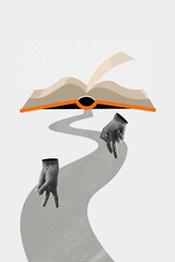 Picture collage magazine of human hands fingers going book dictionary scientific materials concept...