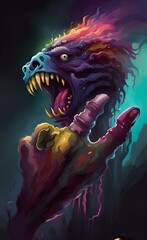 brightly colored illustration of a monster with a human hand.
