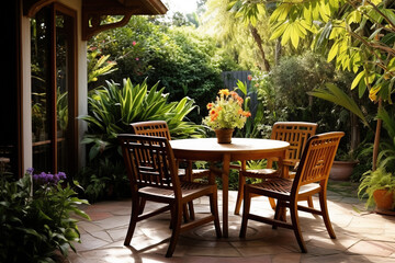 Fototapeta na wymiar Home design table and chairs in patio garden