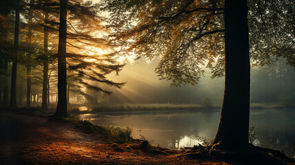 a lonely tree in autumn colors landscape of a foggy park view on a quiet October morning