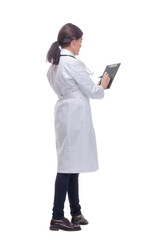 Back view female doctor with stethoscope and clipboard
