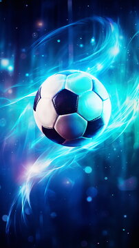 Vertical Fiery Soccer Ball In Goal In Flames, neon lines soccer ball light background. Mobile Football ads background. colorful explosion of fire energy and movement. Generative AI