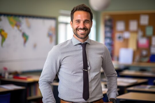 handsome teacher standing in school classroom with blurred background, lecturer