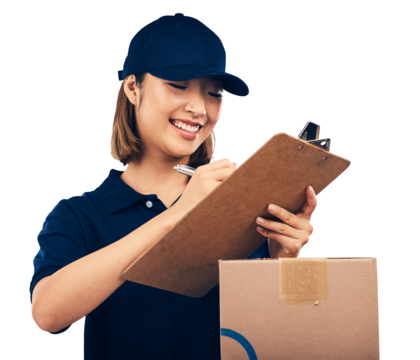 Delivery, woman with box and clipboard for invoice, e commerce and supplier isolated on png transparent background. Supply chain, distribution and package with paperwork for signature and shipping