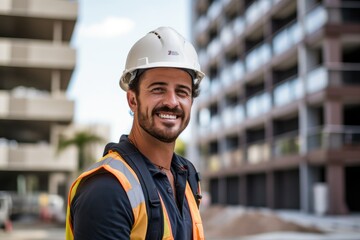 Handsome male builder in a hard hat near high-rise buildings with a blurred background
