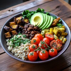 healthy vegan lunch bowl. Avocado, quinoa, tomato, cucumber, red cabbage, green peas and radish vegetables salad. Top view