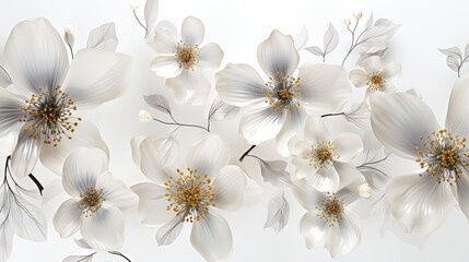 Fototapeta na wymiar a group of white flowers on a white background with a gold center. generative ai