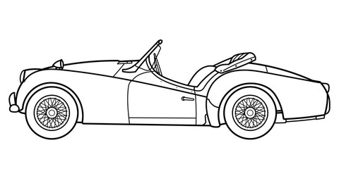 Classic retro roadster car of 50s, 60s. Side view. Outline doodle vector illustration. Automotive concept in vintage sketch style	
