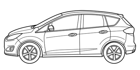 Classic minivan bus car. Side and rear view shot. Outline doodle vector illustration	